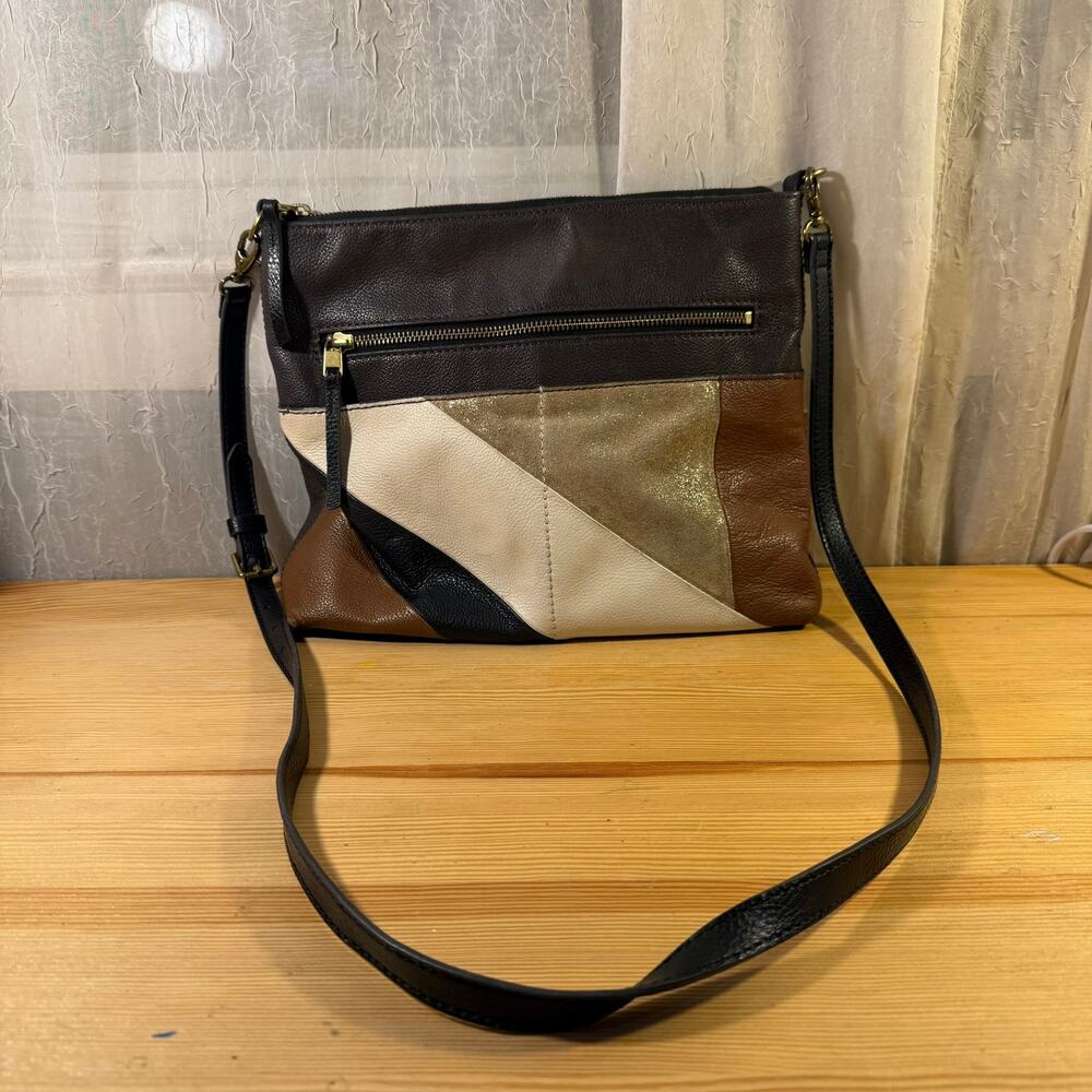 Fossil Leather Patchwork Crossbody Bag Brown Black Cream Gold